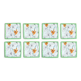 Top down view of four fabric napkins with black line drawings of flowers on a white background with green edging. Two of the flowers are colored orange, The napkins are arranged in a 2x2 grid and tilted to the left.