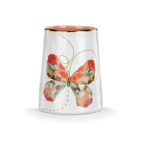 Front facing view of a white ceramicvase decorated with a large orange butterfly.