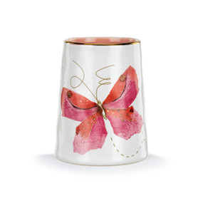 Front facing view of a white ceramic vase decorated with a large pink butterfly.
