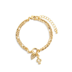 Top down view of a gold layered bracelet with heart and cross charms. The bracelet's layers are made of two chains of different thickness. The double heart charm is at the bottom of the image. The clasp and extender chain are at the top.