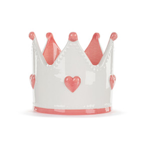 Top down angled view of a princess crown shaped piggy bank. The top of the crown and the edge of the brim are pink. The body of the crown is white with evenly spaced pink hearts around the center.
