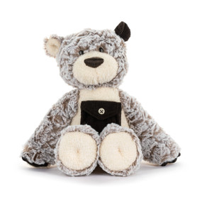 Front view of a brown and cream-colored bear. The bear's left ear is a darker brown. The bear has a black pocket on its chest.