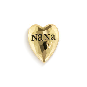 Top down view of a gold heart shaped magnet with the word "Nana" across the top. The surface of the heart appears faceted.