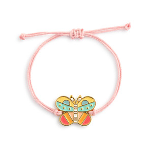 Top down view of a pink adjustable cord bracelet with a butterfly charm.