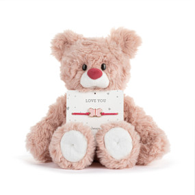 Front facing view of a pink teddy bear with a card on its lap. The card holds a dark pink cord bracelet with a butterfly charm. "Love You" is printed on the card above the bracelet.