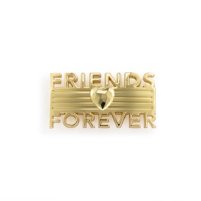Top down view of a rectangular gold magnet with the words "Friends Forever."