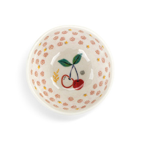 Top down view of a melamine dip bowl, showing the interior design. At the center of the bowl is an image of two cherries on a stem with a leaf. The sides of the bowl have a pattern of small red dots clustered to look like cherries.