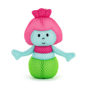Front facing view of a a mermaid plush bath toy The mermaid's face and arms are blue, her hair is pink, and her tail is green. A white loop for hanging is attached at the top.