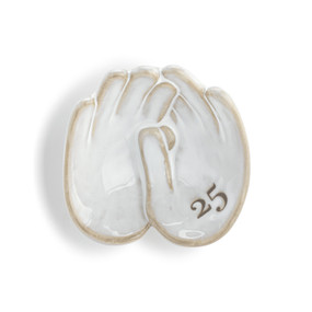 Front view of a wall art piece shaped as two hands, laced together right hand over left hand. The number 25 is printed at an angle on the right palm.