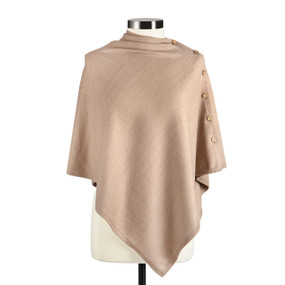Front view of a taupe wrap poncho with an irregular triangular hem. The poncho buttons at the left shoulder. The longest part of the poncho falls over the mannequin's left hip.