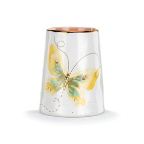Front facing view of a white ceramic vase decorated with a large yellow and blue butterfly.