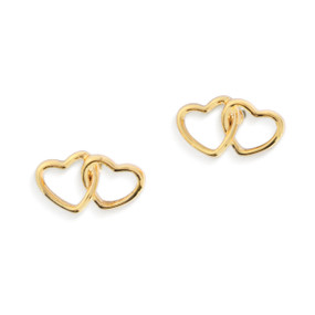 Top down view of a pair of gold post earrings with two intertwined hearts as embellishments.