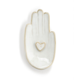 Front view of a wall art piece. The figure is a palm up right hand with a heart at the center of the palm.
