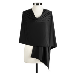 Front view of a black cooling wrap. The right side of the wrap is draped over the mannequin's left shoulder.