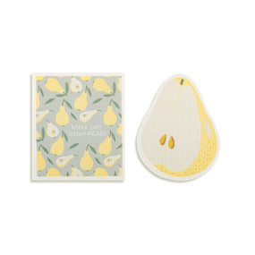 Top down view of a set of biodegradable dish towels set side by side. The towel on the right is shaped like a yellow pear. The towel on the left is rectangular and has a print of yellow and white pears on a gray background.