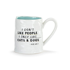 Front view of a white ceramic mug with blue interior, with the handle on the right. The mug's surface resembles a smoothed-out piece of crumpled notepaper. Text on the mug reads, "I don't like people I only like cats & dogs".