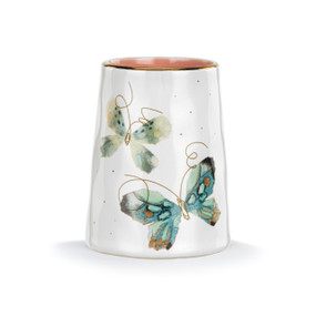 Front facing view of a white ceramic vase decorated with two blue butterflies.