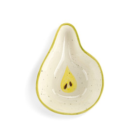 Top down view of a mini ceramic bowl shaped like a pear, showing the half pear design on the interior of the bowl.