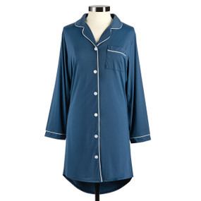 Front view of a long sleeved navy blue night shirt, size small. The night shirt has white buttons down the center, and white trim at the wrists, collar and left breast pocket.