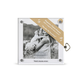 Top down view of a square acrylic musical frame with magnets in each corner. "Best mom ever" is printed at the bottom. A brown banner in the upper right corner indicates the music box plays "You Are My Sunshine".