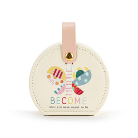 Front view of a white travel sized jewelry box with a pink handle. The box's lid has an image of a colorful patchwork butterfly, with the words "Become what you were meant to be" underneath.