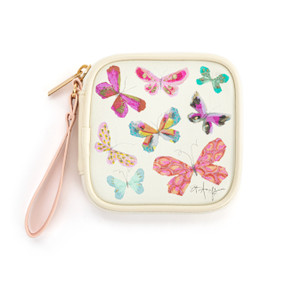 Top down view of a white tech organizer case with several multicolored butterflies on its front cover.. The pink strap is on the case's upper right side.