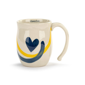 Image of the front of a white ceramic mug decorated with a single large dark blue heart and two upward curving lines in blue and yellow. The word "cheerful" is printed in blue typeface on the mug's interior. The mug's handle is to the right.