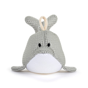 Front facing view of a gray and white dolphin plush bath toy. A white loop for hanging is attached at the top.