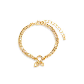 Top down view of a gold layered bracelet with a double heart charm. The bracelet's layers are made of two chains of different thickness. The double heart charm is at the bottom of the image. The clasp and extender chain are at the top.