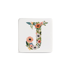 Front view of a square white magnet monogrammed with the letter J. The letter is former with a design of orange flowers and green leaves.