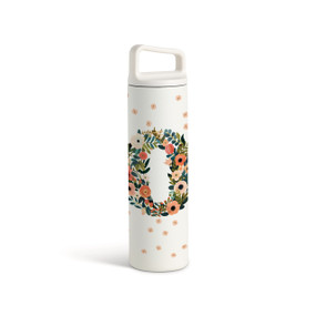 A white water bottle with a screw top handled lid. The front is monogrammed with the letter O. The letter is former with a design of orange flowers and green leaves.