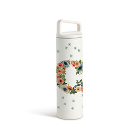A white water bottle with a screw top handled lid. The front is monogrammed with the letter C. The letter is former with a design of orange flowers and green leaves.
