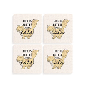 Top down view of a set of four white coasters arranged in a two by two grid featuring an illustration of a yellow cat at the center and "Life is better with cats" printed over the cat/