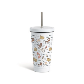 Front view of white tumbler with a white lid and metal straw, featuring several small illustrations of different breeds of cats.
