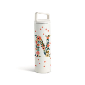 A white water bottle with a screw top handled lid. The front is monogrammed with the letter N. The letter is former with a design of orange flowers and green leaves.