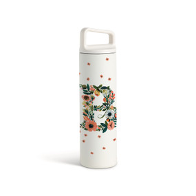 A white water bottle with a screw top handled lid. The front is monogrammed with the letter B. The letter is former with a design of orange flowers and green leaves.