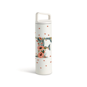 A white water bottle with a screw top handled lid. The front is monogrammed with the letter F. The letter is former with a design of orange flowers and green leaves.