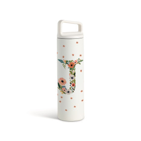 A white water bottle with a screw top handled lid. The front is monogrammed with the letter J. The letter is former with a design of orange flowers and green leaves.