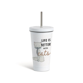 Front view of white tumbler with a white lid and metal straw, featuring an illustration of a white cat to the left and "Life is better with cats" printed to the right.
