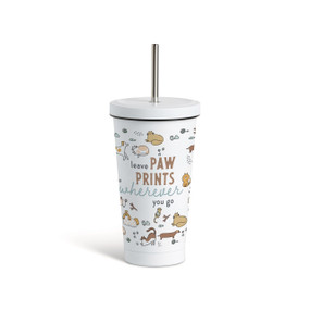 Front view of white tumbler with a white lid and metal straw. "Leave paw prints wherever you go" is printed at the center against a background of small illustrations of different breeds of cats and dogs.