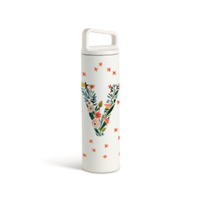A white water bottle with a screw top handled lid. The front is monogrammed with the letter V. The letter is former with a design of orange flowers and green leaves.