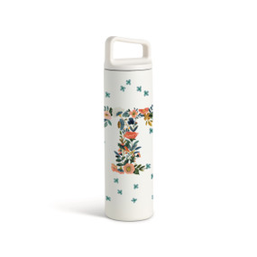 A white water bottle with a screw top handled lid. The front is monogrammed with the letter T. The letter is former with a design of orange flowers and green leaves.