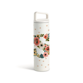 A white water bottle with a screw top handled lid. The front is monogrammed with the letter S. The letter is former with a design of orange flowers and green leaves.