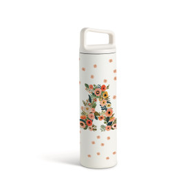 A white water bottle with a screw top handled lid. The front is monogrammed with the letter A. The letter is former with a design of orange flowers and green leaves.