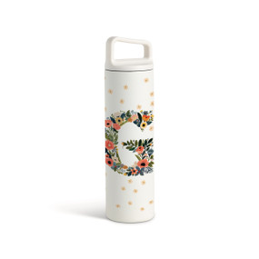 A white water bottle with a screw top handled lid. The front is monogrammed with the letter G. The letter is former with a design of orange flowers and green leaves.