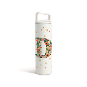 A white water bottle with a screw top handled lid. The front is monogrammed with the letter D. The letter is former with a design of orange flowers and green leaves.