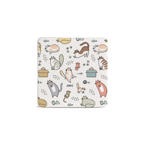 Right angled view of a square white magnet, with several small illustrations of different breeds of cats.