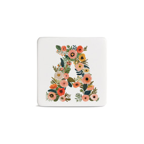 Front view of a square white magnet monogrammed with the letter A. The letter is former with a design of orange flowers and green leaves.