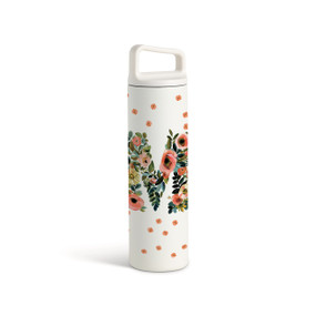 A white water bottle with a screw top handled lid. The front is monogrammed with the letter M. The letter is former with a design of orange flowers and green leaves.