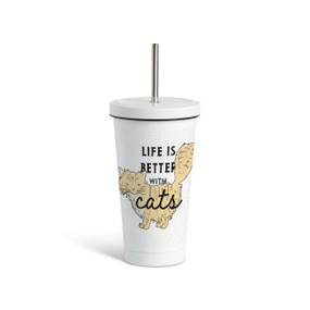 Front view of white tumbler with a white lid and metal straw, featuring an illustration of a yellow cat at the center and "Life is better with cats" printed over the cat/